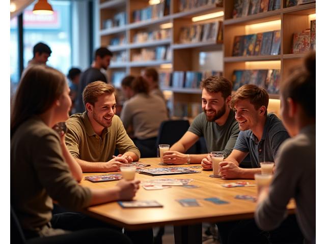 Menschen spielen Brettspiele im Gemeinschaftsbereich des Würfelreichs