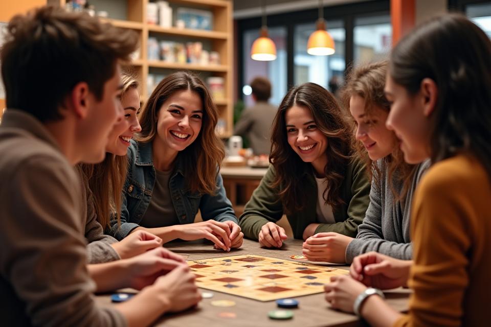 Spielbereich im Würfelreich mit Leuten, die Brettspiele spielen und lachen
