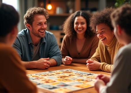 Gruppe lachender Menschen spielt ein Brettspiel im Würfelreich